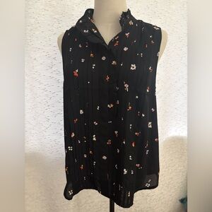 Chic Black Floral Ruffle Sleeveless Blouse NWT